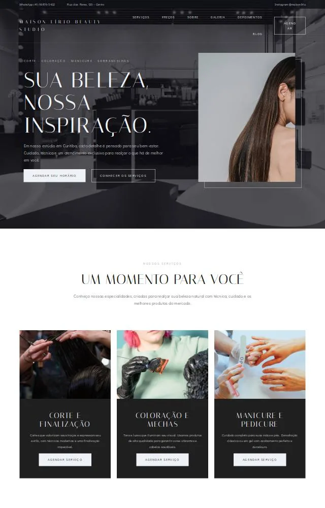 Site de um estúdio de beleza criado pela IA da Kymus no WordPress: capa com o título “Sua beleza, nossa inspiração” e a lista de serviços